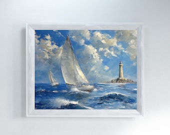 Sailboat Lighthouse Seascape Art Print: Coastal Nautical Decor (Digital Download)