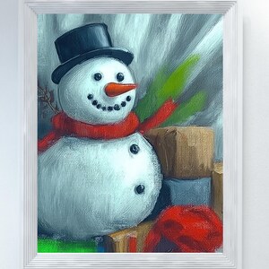 Snowman Christmas Painting, Digital Download, Snow Man Rustic Christmas Decor, Christmas Holiday Frosty Snowman, Christmas Winter Snowman