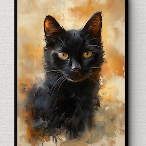 Black Cat Oil Painting Digital Download Cat Portrait Wall Art Rustic Wall Decor Cat Lover Gift Vintage Cat Art Print Neutral Pet Portrait