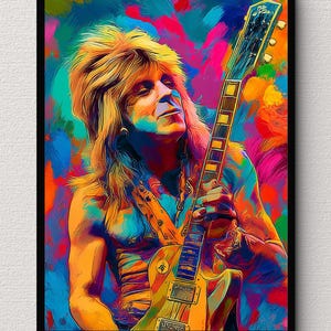 Puede incluir: Retrato de estilo pop art colorido de un músico sosteniendo una guitarra eléctrica amarilla. La imagen presenta vibrantes pinceladas en tonos de azul, naranja, amarillo y rosa. El sujeto tiene cabello rubio largo y lleva un arnés de cuero.