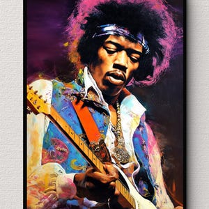 May include: A framed art print depicting a musician playing a guitar. The artwork uses vivid colours, including purple, blue, and yellow. The musician is wearing a patterned waistcoat and a headband. The guitar has a white body and a yellow neck.