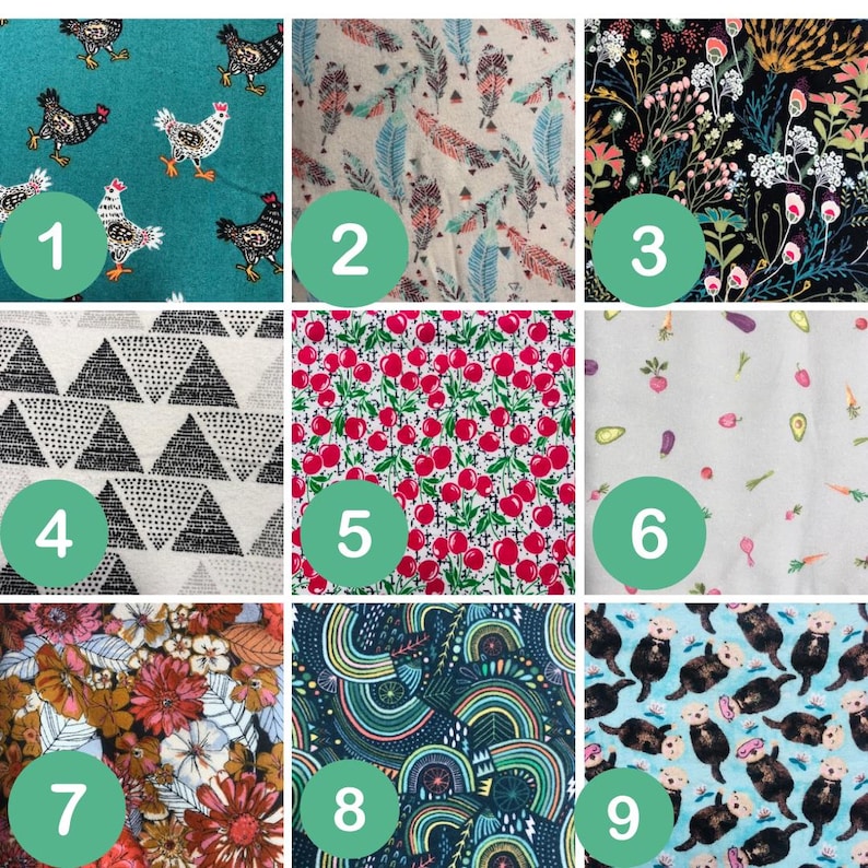 May include: A grid of nine fabric swatches featuring various patterns: teal with chickens, cream with feathers, black with wildflowers, white with black triangles, white with red cherries, white with vegetables, floral print, rainbow arches, and otters.