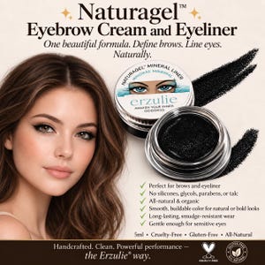 May include: Naturagel Eyebrow Cream and Eyeliner in a small round jar with a black lid. The product is a thick black cream. The packaging features the text Naturagel Eyebrow Cream and Eyeliner, Erzulie, and Awaken Your Inner Goddess. Includes 5ml volume.