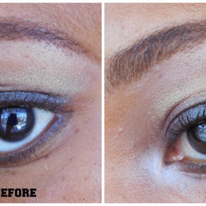 Puede incluir: Comparaci&oacute;n del maquillaje de ojos antes y despu&eacute;s. La imagen de la izquierda muestra un ojo sin maquillaje, mientras que la de la derecha muestra un look m&aacute;s realzado con sombra de ojos, delineador y m&aacute;scara de pesta&ntilde;as. Las palabras &laquo;BEFORE&raquo; y &laquo;AFTER&raquo; son visibles.