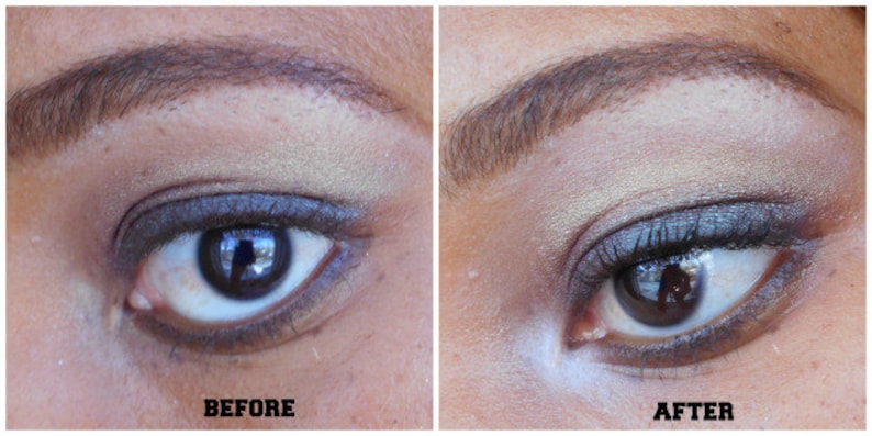 Puede incluir: Comparaci&oacute;n del maquillaje de ojos antes y despu&eacute;s. La imagen de la izquierda muestra un ojo sin maquillaje, mientras que la de la derecha muestra un look m&aacute;s realzado con sombra de ojos, delineador y m&aacute;scara de pesta&ntilde;as. Las palabras &laquo;BEFORE&raquo; y &laquo;AFTER&raquo; son visibles.