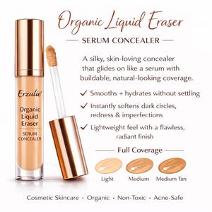 Op de afbeelding: Een Erzulie Organic Liquid Eraser Serum Concealer wordt getoond met zijn applicator. Het product zit in een goudkleurige tube met een beige concealer. De tekst op de afbeelding beschrijft het product als volledig dekkend.