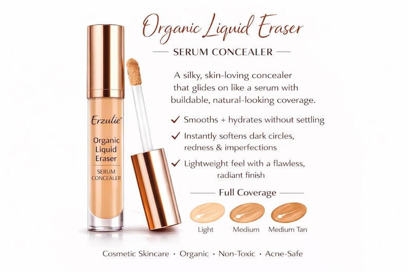 Op de afbeelding: Een Erzulie Organic Liquid Eraser Serum Concealer wordt getoond met zijn applicator. Het product zit in een goudkleurige tube met een beige concealer. De tekst op de afbeelding beschrijft het product als volledig dekkend.