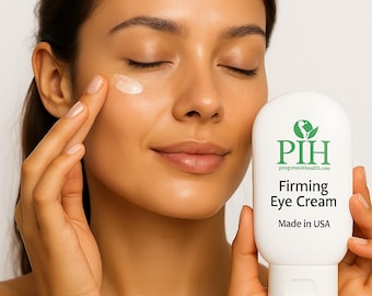 May include: A woman is applying a white eye cream to her face. The cream comes in a white tube with a green logo that says "PIH progressinhealth.com" and "Firming Eye Cream" in black text. The tube also says "Made in USA" in black text.