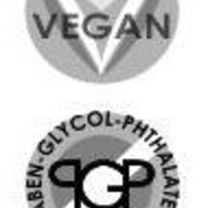 May include: Black and white graphic of a bunny rabbit with a heart above its head. The text "cruelty free" is below the bunny. A circle with a heart and the word "VEGAN" is below the bunny. A circle with a diagonal line through it and the letters "P.G.P" is below the vegan logo. The text "handmade FRESH small batches" is below the circle.