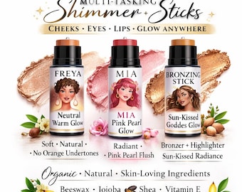 Three Organic Shimmer Sticks  Freya, Mia and Sun Goddess Non-Comedogenic Mineral Makeup Made with organic ingredients