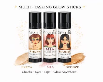 Tres barras de brillo orgánicas / Freya, Mia y Sun Goddess No comedogénicas / Iluminador y sombra de ojos naturales