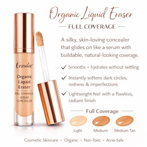 Puede incluir: Se muestra un producto cosm&eacute;tico, Organic Liquid Eraser, con su aplicador. El producto es un corrector en suero de cobertura total. La imagen incluye texto que describe el producto como sedoso, agradable para la piel y ligero, con un acabado radiante.