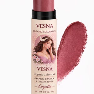 VESNA Organic Lipstick and Cream Blush Colorstick  Acne Safe Makeup | Non-Comedogenic | Cruelty Free Makeup | Gluten Free | Clean Beauty