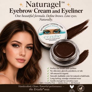 Könnte beinhalten: Naturagel Augenbrauencreme und Eyeliner in einem kleinen Glastiegel mit weißem Deckel. Das Produkt ist eine dunkelbraune Creme. Der Text auf der Verpackung enthält Naturagel, Eyebrow Cream and Eyeliner, erzulie und 5ml. Ein Farbauftrag ist zu sehen.