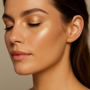 May include: A close-up of a woman's face with her eyes closed. Her skin is glowing and her makeup is minimal. She has a natural, dewy look.