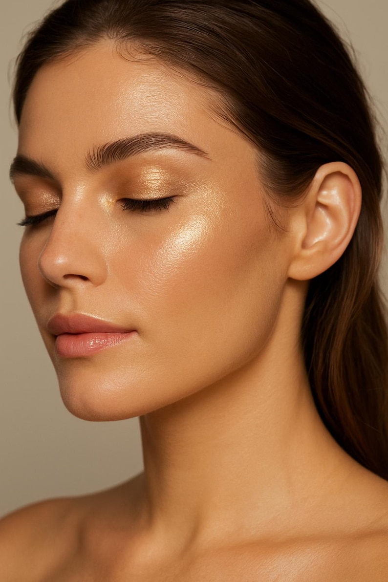 May include: A close-up of a woman's face with her eyes closed. Her skin is glowing and her makeup is minimal. She has a natural, dewy look.