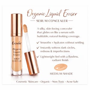 Op de afbeelding: Advertentie voor Erzulie Organic Liquid Eraser Serum Concealer. Het product zit in een heldere glazen fles met een ros&eacute;gouden dop en applicator. De tekst op de fles luidt "Organic Liquid Eraser Serum Concealer". Het product heeft een medium tint.