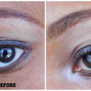 May include: A before-and-after comparison of eye makeup. The left side shows the eye before makeup, with a neutral eyeshadow and eyeliner. The right side shows the eye after makeup, with enhanced eyeshadow and mascara. Text reads "BEFORE" and "AFTER".