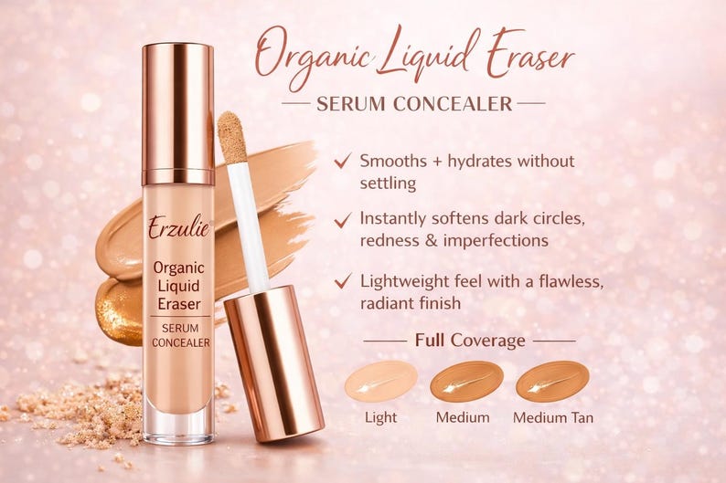 Op de afbeelding: Afbeelding van de "Organic Liquid Eraser Serum Concealer" cosmetica. De transparante fles heeft een ros&eacute;gouden dop. De afbeelding bevat tekst die de voordelen van het product en kleurstalen beschrijft. Het belooft volledige dekking.