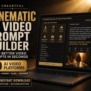 Puede incluir: Un ordenador portátil que muestra la interfaz del CreArtful Cinematic AI Video Prompt Builder con texto en dorado y negro. La pantalla muestra opciones de elementos de escena, un prompt generado y una vista previa de vídeo. El texto dice CreArtful Cinematic AI Video Prompt Builder.