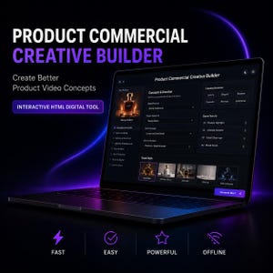 以下が含まれることがあります： Product Commercial Creative Builderのインターフェースを表示したノートパソコン。インタラクティブなHTMLデジタルツールで、画面にはコンセプト、方向性、ビジュアルスタイルのメニューが表示され、Fast、Easy、Powerful、Offlineというテキストラベルが確認できます。