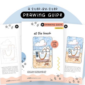 Puede incluir: Una guía de dibujo paso a paso para una bolsa de playa con chanclas, gafas de sol y una estrella de mar. La guía incluye instrucciones y consejos para dibujar la bolsa de playa.