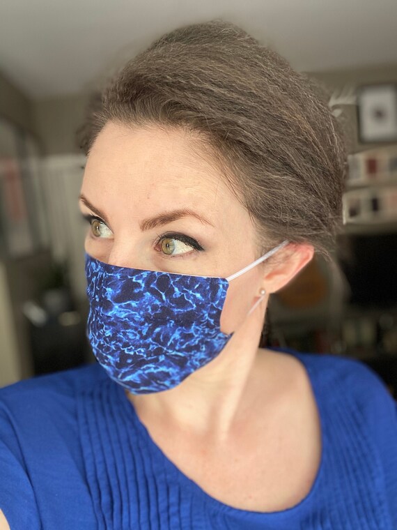 Cotton Face Mask Dark Blue Water Wave Fabric Made To Etsy