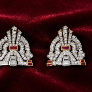 Victorian Art Deco Clip Earrings, Lab Grown Diamond Ruby Earrings, 925 Sterling Silver Vintage Bridal Jewelry