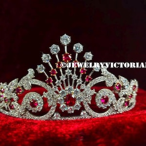 Dänische Rubin-Parure-Tiara inspiriert von Königin Margrethe II., Vintage-Brautkrone aus 925er Sterlingsilber mit im Labor gezüchteten Diamanten