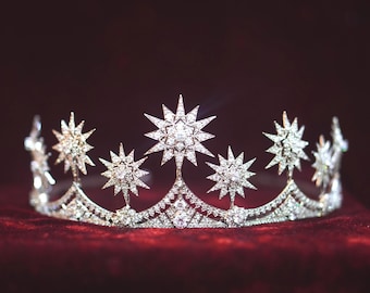 Vintage Starburst Diamond Tiara Crown,  Bridal Headpiece, Celestial Wedding Crown, Silver diamond Queen Tiara