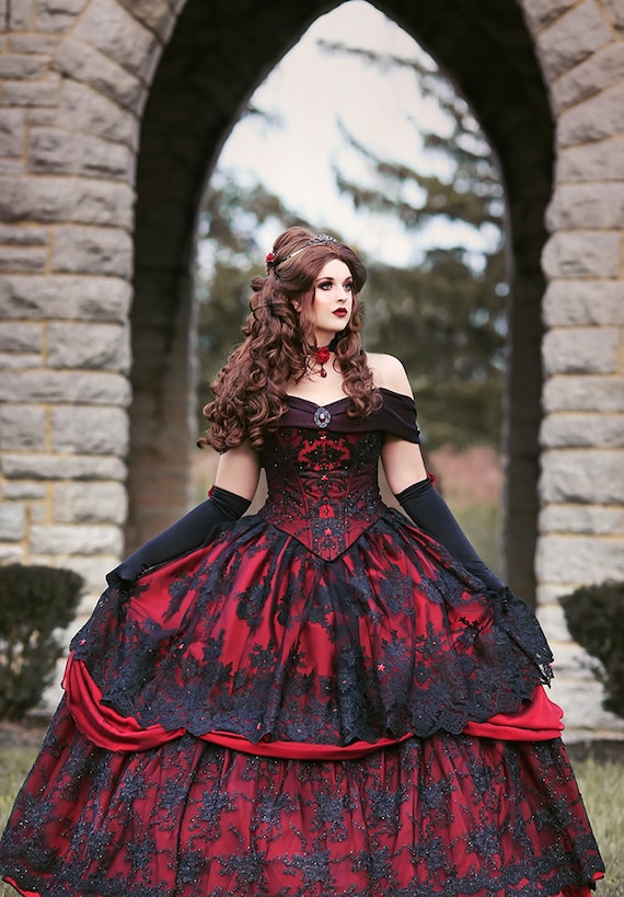 Gothic Hochzeit Belle Rot Schwarze Spitze Fantasy Kleid Etsy