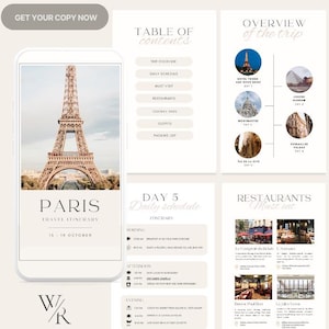 Guia de viagem de Paris | Itinerário de 5 dias pronto para você, lista de embalagem e recomendações de restaurantes | Modelo de itinerário de viagem | Editável no Canva