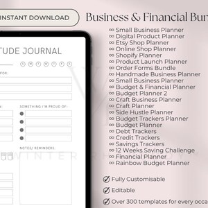 May include: A digital planner bundle for business and financial planning. The bundle includes over 300 templates for various business and financial needs, including small business, Etsy shop, Shopify, budget, and side hustle planning. The planner is fully customizable and editable.