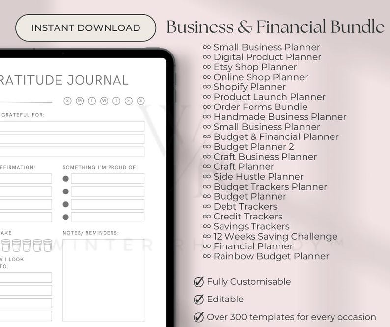 May include: A digital planner bundle for business and financial planning. The bundle includes over 300 templates for various business and financial needs, including small business, Etsy shop, Shopify, budget, and side hustle planning. The planner is fully customizable and editable.