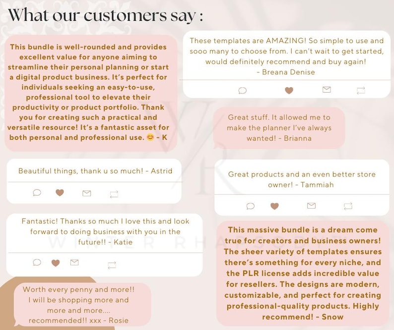May include: A collage of customer testimonials about a digital product bundle. The testimonials highlight the value, ease of use, and versatility of the product. The text includes phrases like "well-rounded", "amazing", "fantastic", "dream come true", and "highly recommend".