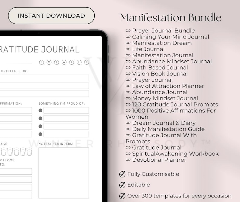 May include: A digital planner bundle with over 300 templates for every occasion. The bundle includes a variety of journals, including a gratitude journal, a manifestation journal, a dream journal, and a daily manifestation guide. The planner is fully customizable and editable.