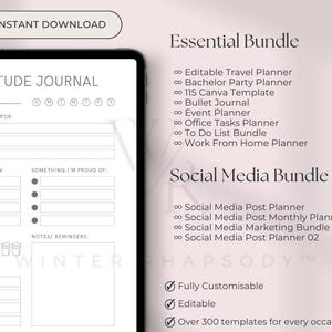 May include: A digital planner with the text "Gratitude Journal" on the cover. The planner includes sections for affirmations, things you are grateful for, and things you are proud of. The planner also includes a section for notes and reminders. The planner is part of a bundle that includes over 300 templates for every occasion.
