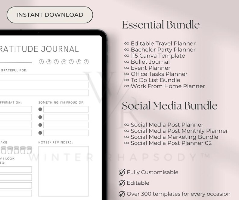 May include: A digital planner with the text "Gratitude Journal" on the cover. The planner includes sections for affirmations, things you are grateful for, and things you are proud of. The planner also includes a section for notes and reminders. The planner is part of a bundle that includes over 300 templates for every occasion.