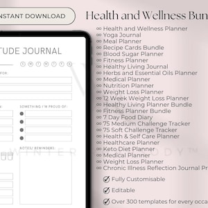 May include: A digital planner bundle for health and wellness. The bundle includes planners for yoga, meal planning, blood sugar, fitness, healthy living, herbs and essential oils, medical, nutrition, weight loss, 12 week weight loss, 7 day food diary, 75 medium challenge tracker, 75 soft challenge tracker, health and self care, healthcare, keto diet, medical, weight loss, and chronic illness reflection journal prompts. The bundle is fully customizable, editable, and includes over 300 templates.
