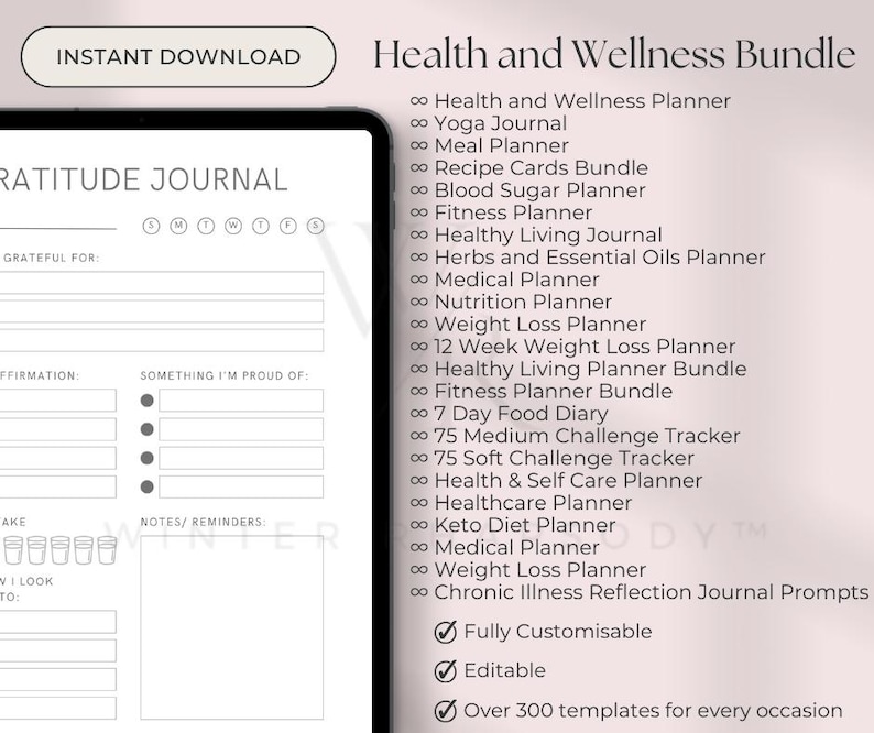 May include: A digital planner bundle for health and wellness. The bundle includes planners for yoga, meal planning, blood sugar, fitness, healthy living, herbs and essential oils, medical, nutrition, weight loss, 12 week weight loss, 7 day food diary, 75 medium challenge tracker, 75 soft challenge tracker, health and self care, healthcare, keto diet, medical, weight loss, and chronic illness reflection journal prompts. The bundle is fully customizable, editable, and includes over 300 templates.