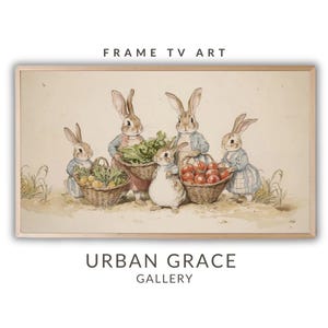 May include: A framed print featuring a watercolor illustration of five rabbits in a field. The rabbits are dressed in blue and red clothing and carrying baskets of vegetables and fruit. The text "FRAME TV ART" and "URBAN GRACE GALLERY" are displayed on the print.