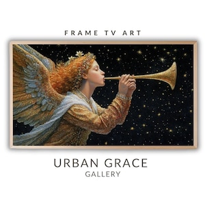 Art mural ange de Noël pour téléviseur | verset biblique des Fêtes vintage | Tableau ancien Hark Herald Angels Trump & Sing | Économiseur d'écran Cottage Faith