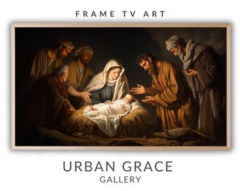 May include: A painting depicting the Nativity scene with Mary, Joseph, and the baby Jesus in a stable. Three wise men are present, with one kneeling and offering gifts. The painting is set in a dark, dimly lit room with a straw-filled manger.