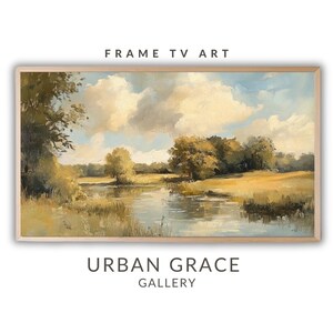 Puede incluir: Una pintura de un paisaje con un río, árboles y nubes. El cielo es de un azul claro con nubes blancas. El río es de un azul claro con reflejos de las nubes. Los árboles son verdes y marrones. La hierba es verde y marrón.