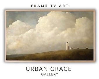 May include: A painting depicting a figure in white robes walking across a field with a flock of sheep. The sky is filled with fluffy white clouds. The painting is titled "Urban Grace Gallery".
