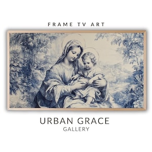 Marco de Jesús y María para TV / Descarga digital de la Sagrada Familia en toile azul / Protector de pantalla de la Natividad antigua de invierno con decoración navideña vintage