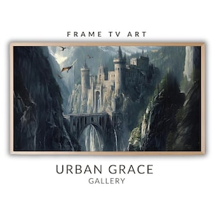 Peut inclure: Une illustration fantastique d'un grand château de pierre avec un pont et une cascade. Le château est perché sur une falaise surplombant une vallée. Plusieurs dragons volent dans le ciel.
