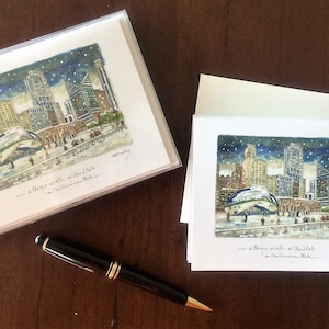 A Chicago winter at Cloud Gate in Millennium Park, Set N Winter Note Cards Set N, Original etching art