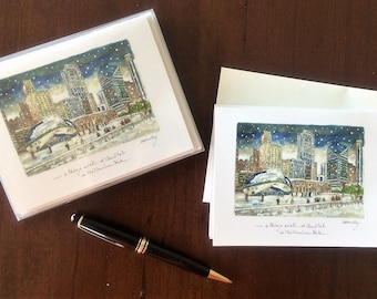 A Chicago winter at Cloud Gate in Millennium Park, Set N Winter Note Cards Set N, Original etching art