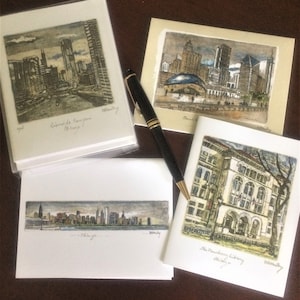 Chicago note cards, skylines of Chicago,  Set Q  Note Cards from Original etchings, Blank Chicago Note Cards